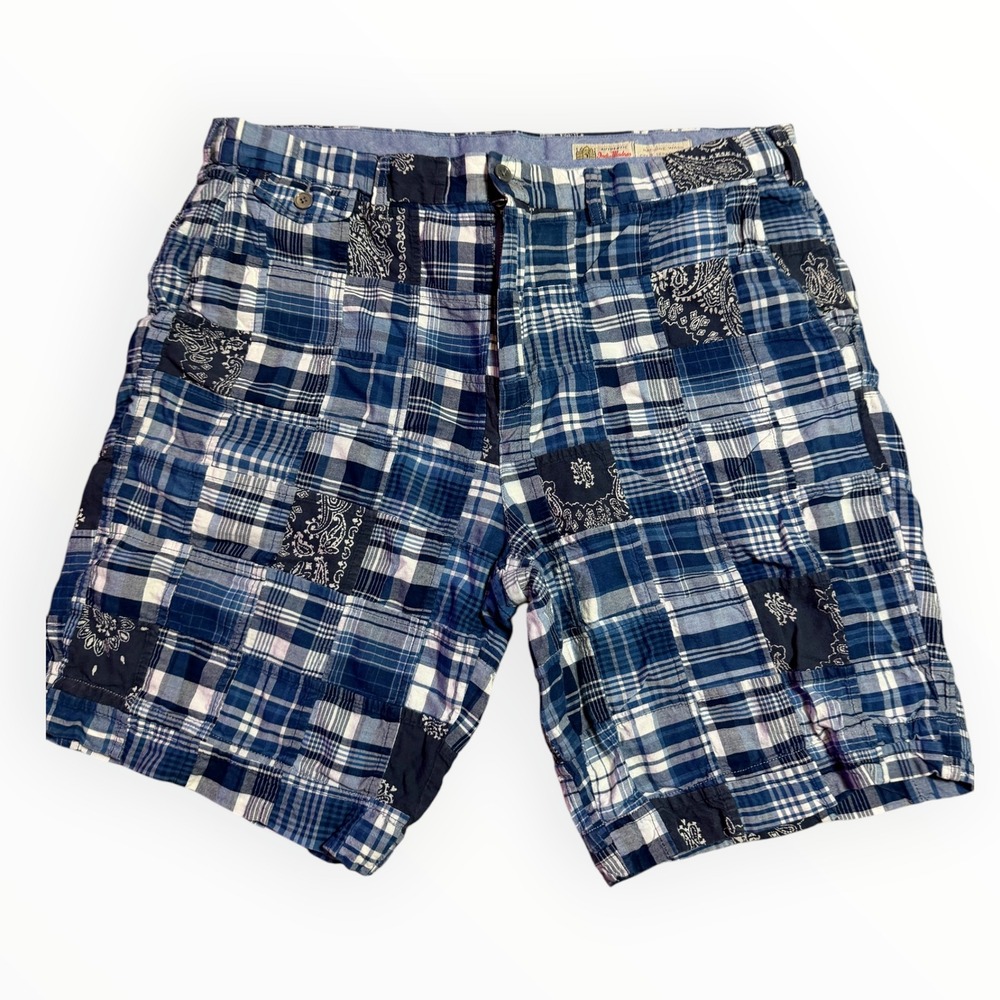Polo Ralph Lauren Shorts Men 36 Blue EUC Patchwork India Madras Plaid Bandana